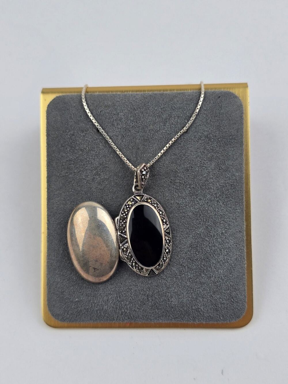 Sterling Silver Black Onyx & Marcasite Locket Pendant Necklace Box Chain 24"